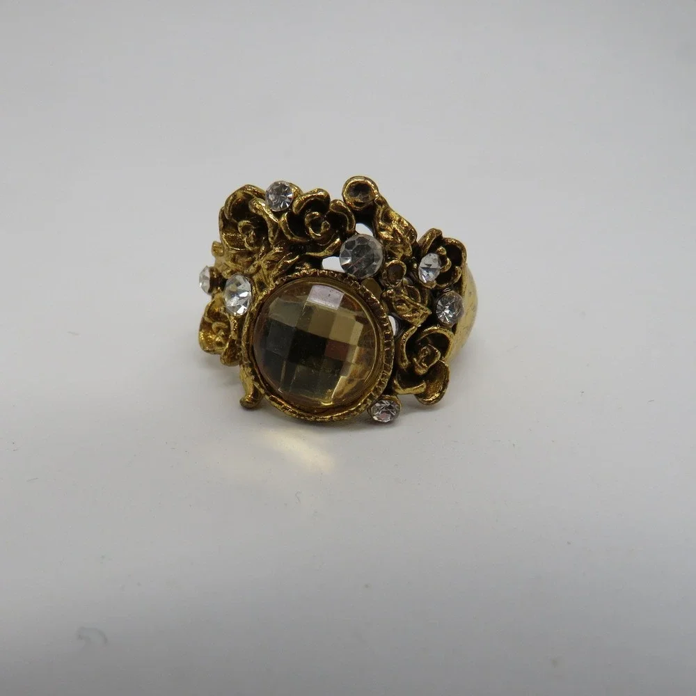 Vintage Gold Tone Rose Floral Cocktail Ring Amber Stone Rhinestone Size 9